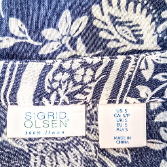 Sigrid Olsen Blue White Paisley Floral Linen Mini Dress - Picture 3 of 4